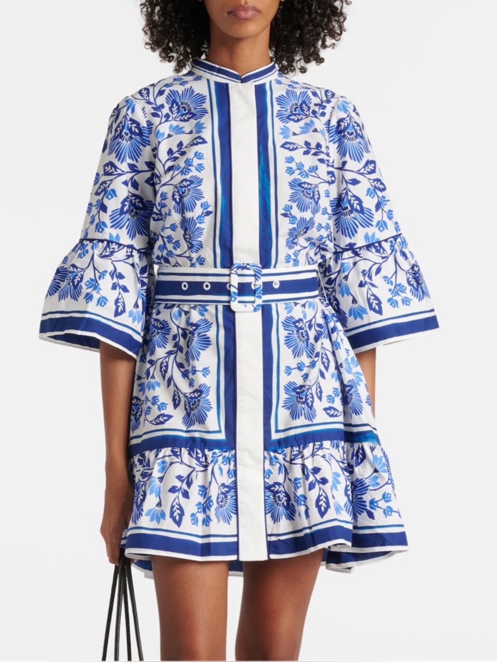Farm Rio Blue & Off White Floral Garden Tiles Belted Mini Dress